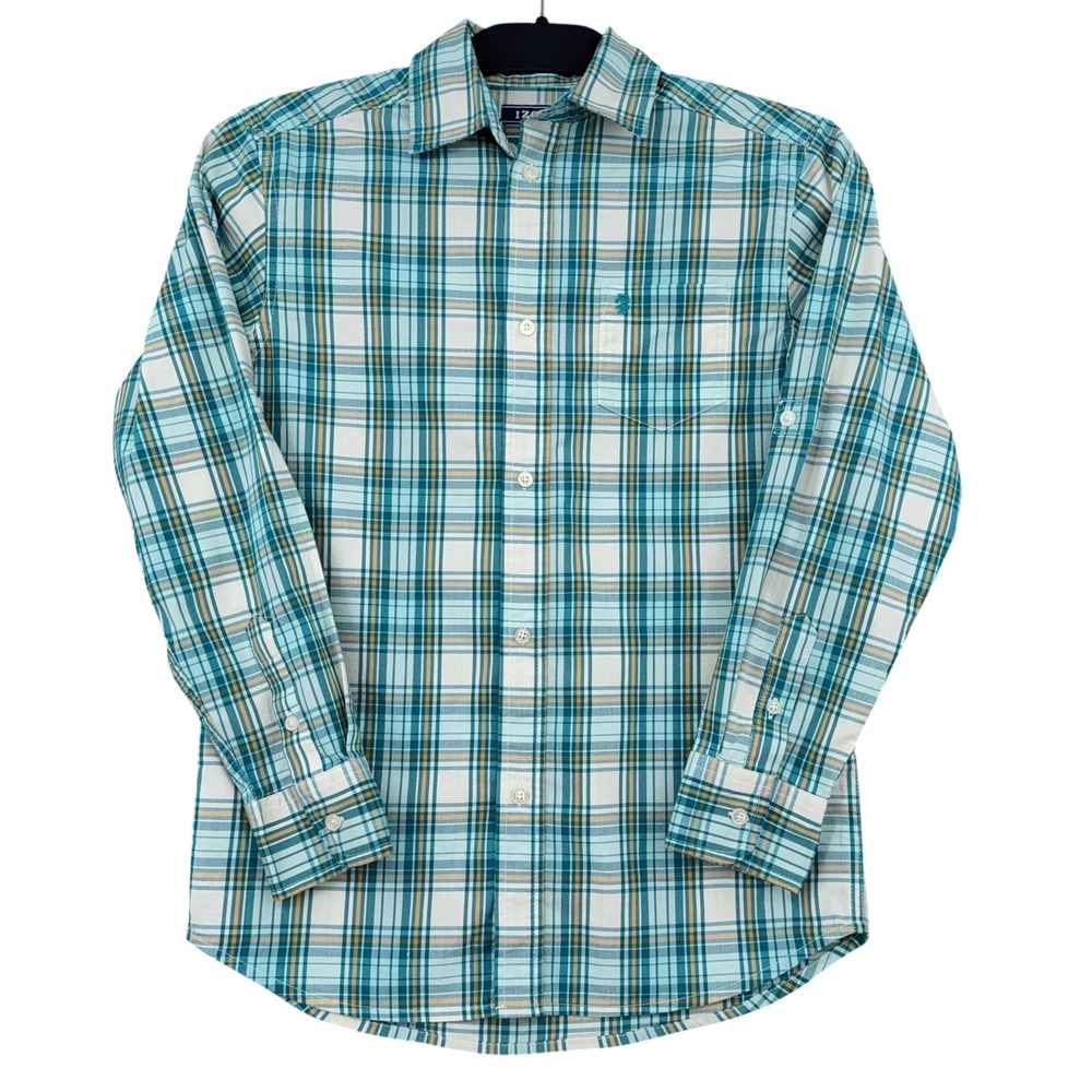 IZOD Plaid Button Down Boys Size M 10/12‎ Cotton Blend Teal Yellow